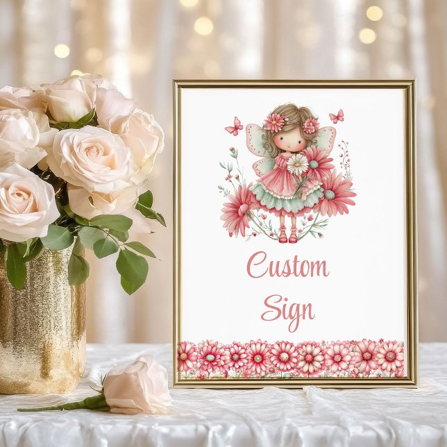 Poster Jolie Fille Fée Rouge Florale Anniversaire Personn (Lovely Fairy Girl Blush Floral Birthday Custom Sign

)