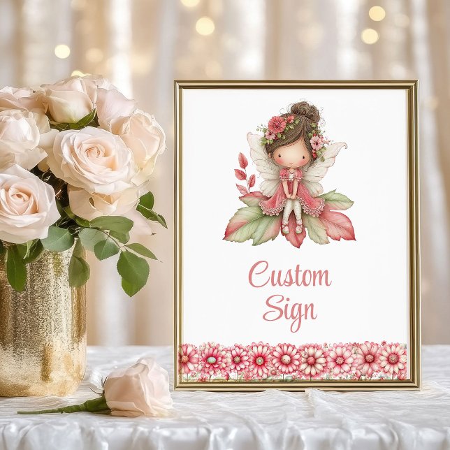 Poster Jolie Fille Fée Rouge Florale Anniversaire Signatu (Pretty Fairy Girl Blush Floral Birthday Custom Sign

)