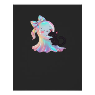 Poster Jolie Fille Holographique Fantôme Câlinant Chat No