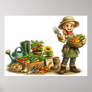 Poster Jolie Fille Jardinière Récoltant des Légumes Art