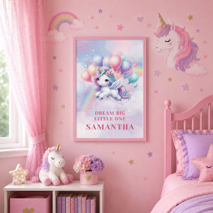 Poster Jolie Fille Licorne Rose Violet Anniversaire Affic