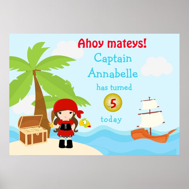Poster Jolie fille pirate brune en rouge Anniversaire (Devant)