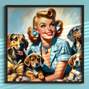 Poster Jolie fille vintage avec chiots