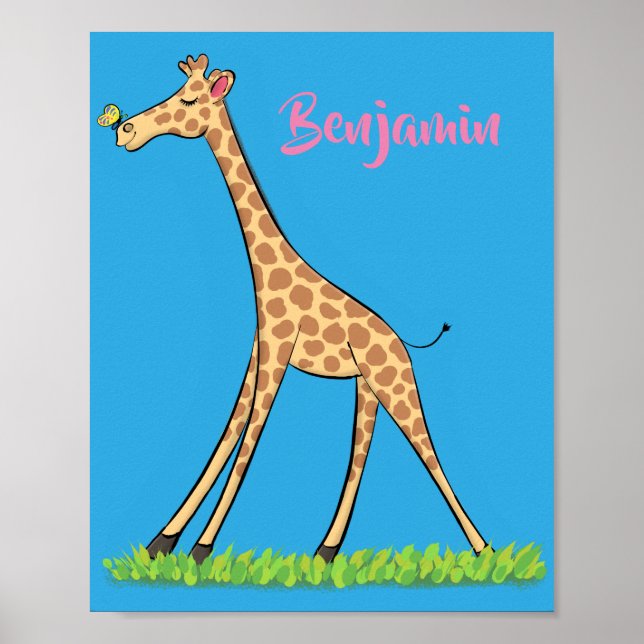 Poster Jolie girafe avec dessin animé de papillon (Devant)