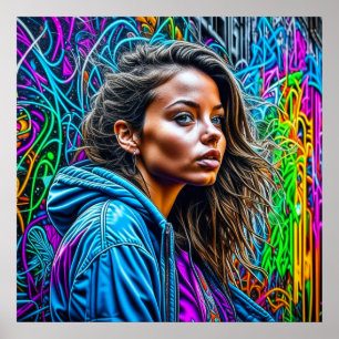 Poster Jolie Graffiti Street Art Colorée Femme