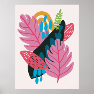 Poster Jolie illustration moderne feuilles roses nature