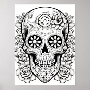 Poster Jolie image de crâne en sucre noir et blanc sur le