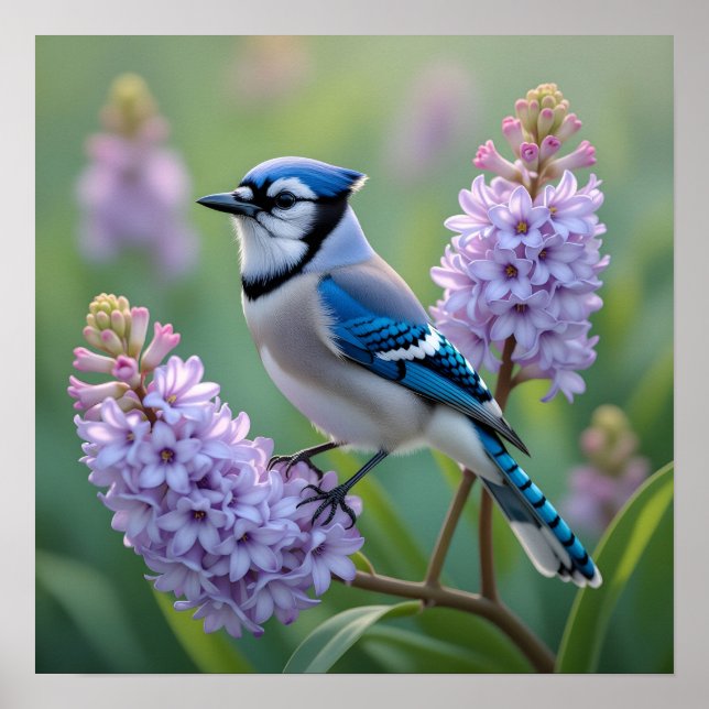 Poster Jolie Jay Bleue debout sur les Branches Lilac (Devant)