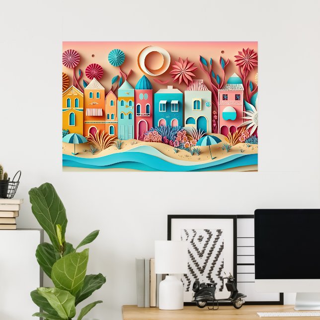 Poster jolie maison de plage 3d effet (Bureau à domicile)