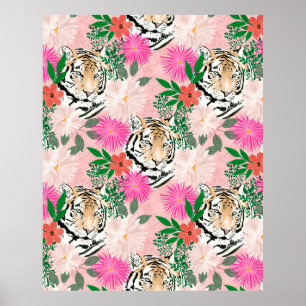 Poster Jolie peinture florale de tigre rose blanc