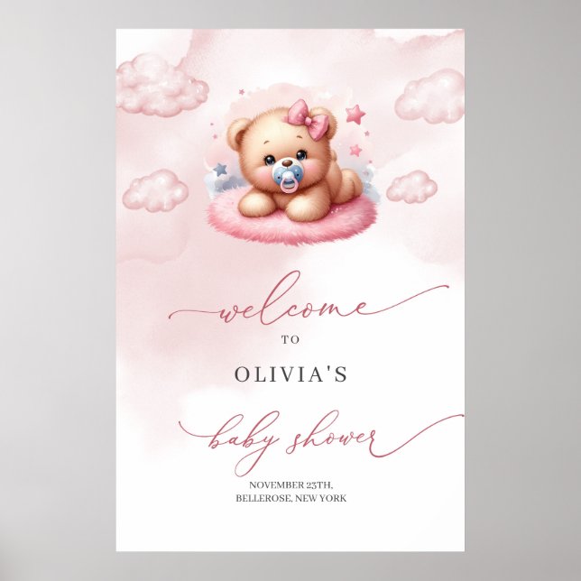Poster Jolie petite fille ourson en peluche sur le nuage  (Devant)