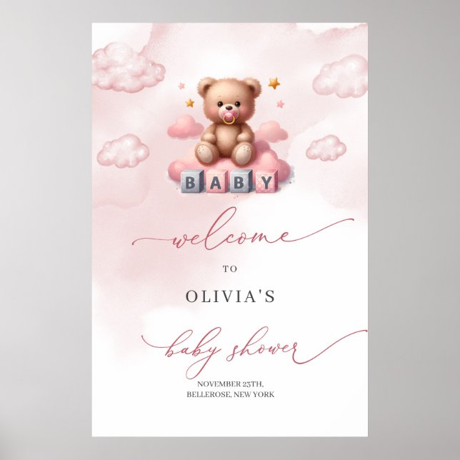 Poster Jolie petite fille ourson en peluche sur le nuage  (Devant)