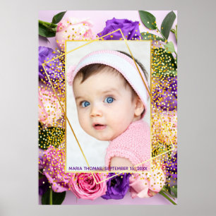 Poster Jolie photo de bébé fille à l'aquarelle florale ro