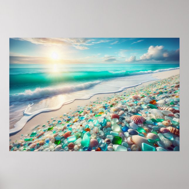 Poster Jolie plage Ocean avec verre de mer (Devant)