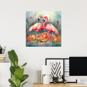 Poster Jolie plage rose flamant
