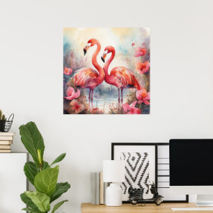 Poster Jolie plage rose flamant