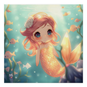 Poster Jolie sirène dorée dans le monde sous-marin