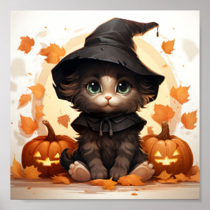 Poster Jolie Sorcière Halloween Kitten, Feuille Et Citrou