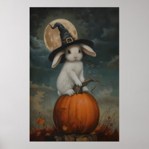 Poster Jolie sorcière lapin sur une citrouille, impressio