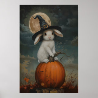 Poster Jolie sorcière lapin sur une citrouille, impressio