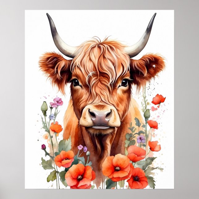 Poster Jolie Vache Highland Et Fleurs De Pavot Aquarelle (Devant)