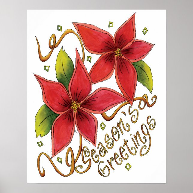 Poster Jolies Bonnes Fêtes de Noël avec Poinsettias (Devant)