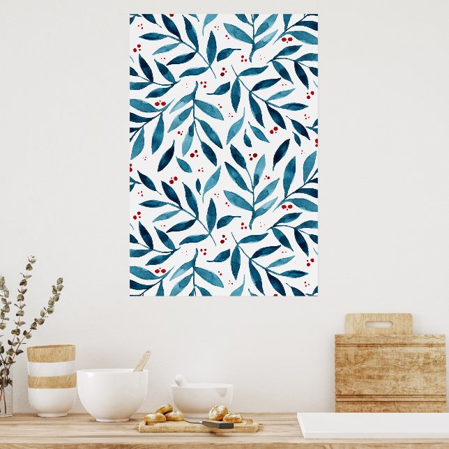Poster Jolies branches d'aquarelle - turquoise et rouge (Cuisine)