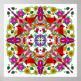 Poster Jolies cardinales et fleurs colorées Mandala