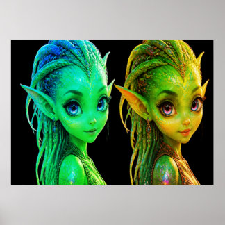 Poster Jolies filles extraterrestres jumelles sur un mur