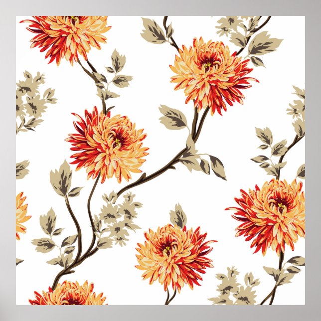 Poster jolies fleurs orange avec feuille brun motif de w (Devant)