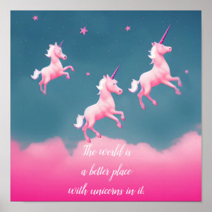 Poster Jolies Unicornes Volant Pink Citation Script Poste