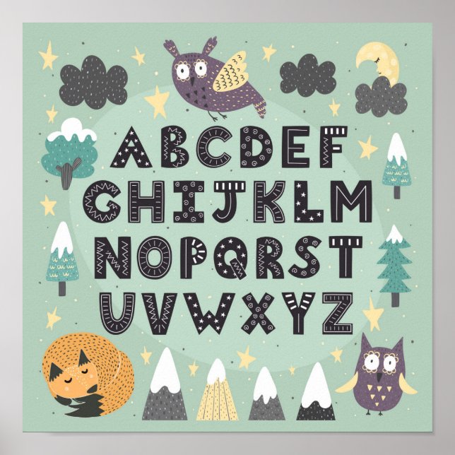 Poster Jolis Animaux Fantaisistes de la Forêt ABC Alphabe (Devant)