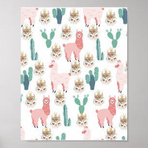 Poster Jolis Llamas roses et Cactus vert