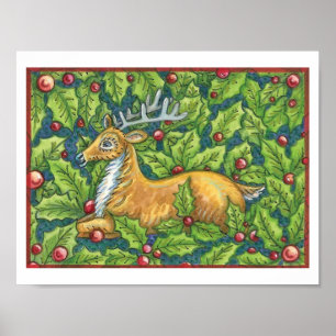 Poster Jolis rennes de Noël dans la forêt avec du houx