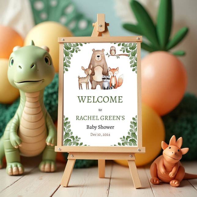 Poster Jote Forest Bois Animaux Baby shower Bienvenue (Cute Forest Woodland Animals Baby Shower Welcome Poster)