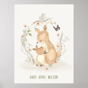 Poster Jote Mama Kangaroo Aquarelle Floral Baby