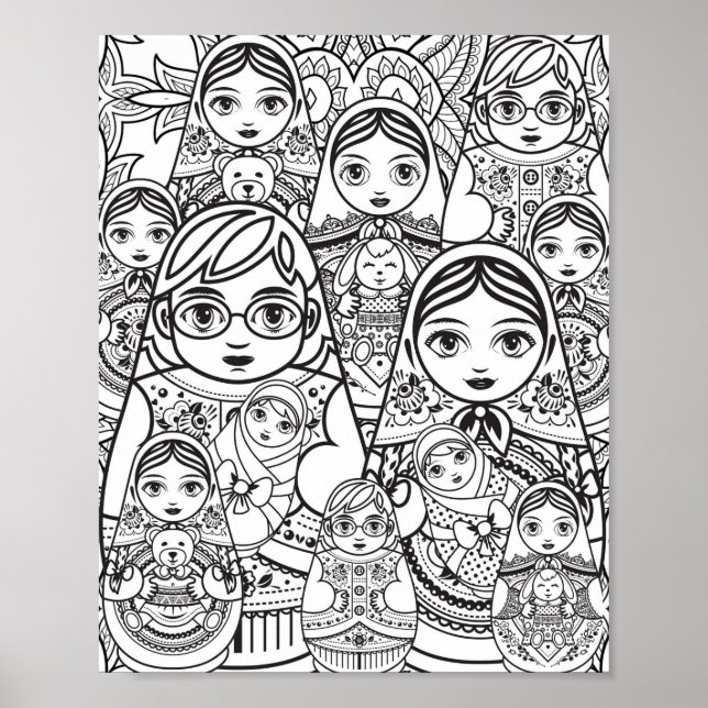 Poster Jote slic Folk Art Nesting Dolls Coloration de fam (Devant)
