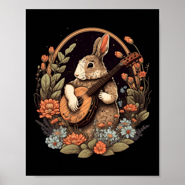 Poster Jouer Banjo Guitare Musique Rabbit Happy (Devant)