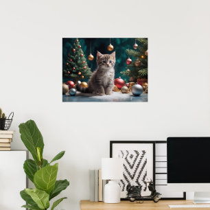 Poster Jouer Kitten de Noël par l'arbre avec ornement