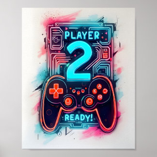 Poster Joueur 2 Prêt Neon Gamer Art