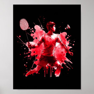 Poster Joueur de badminton puissant Splash Art rouge