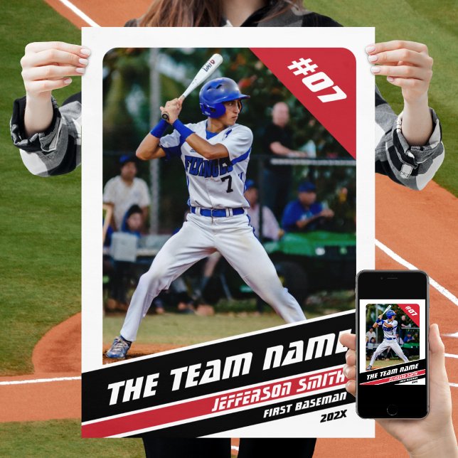 Poster Joueur de baseball cadeau personnalisable en blanc (Baseball Player Poster in White with Custom Team Name and Black Red Stripes)