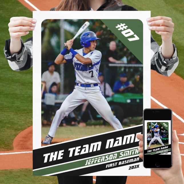Poster Joueur de baseball cadeau personnalisable en blanc (Baseball Player Poster in White with Custom Team Name and Black Green Stripes)