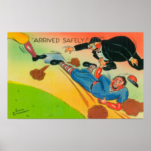 Poster Joueur de baseball glissant vers la base, Arrivée