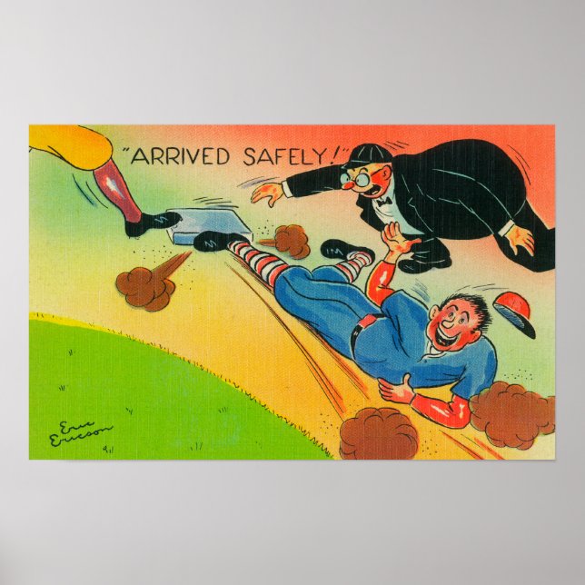 Poster Joueur de baseball glissant vers la base, Arrivée (Devant)