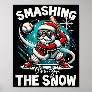 Poster Joueur de baseball Noël Santa, Écrasant à travers 