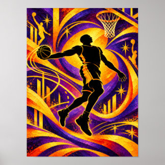 Poster Joueur de basket-ball tirant au cerceau silhouette