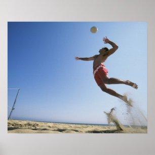 Poster Joueur de beach volley masculin qui saute jusqu'à