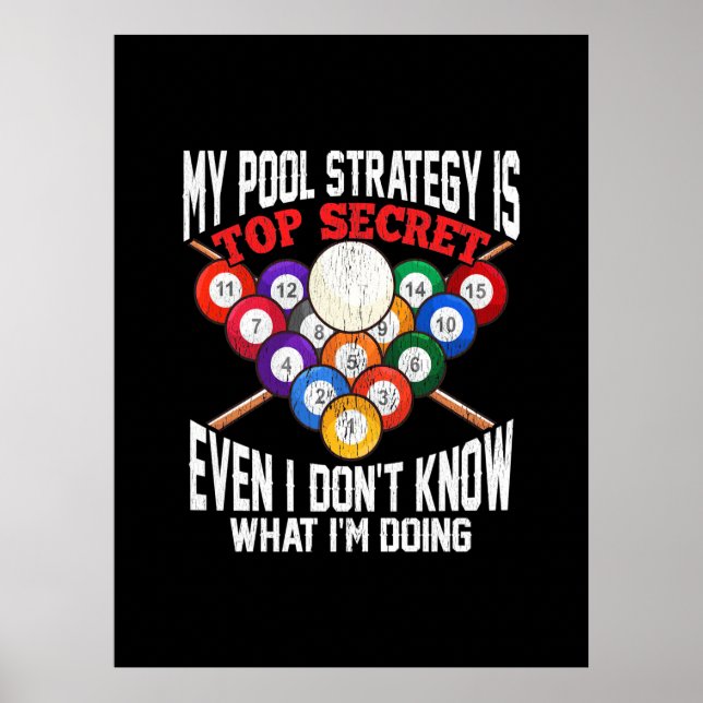 Poster Joueur de billard | Ma stratégie de pool est très  (Devant)