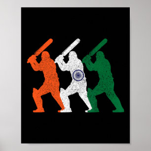 Poster Joueur de cricket Drapeau indien Vintage Inde Cric